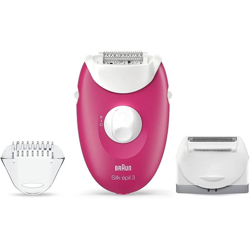 Épilateur BRAUN Silk-3 Blanc Et Rose SE3-410 avec ses accessoires inclus.
