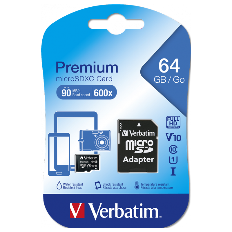 CARTE MEMOIRE Micro SDHC VERBATIM - 64GB - CLASS-10 - 44084