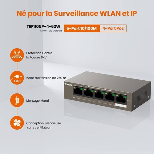 Switch TENDA TEF1105P-4-63W l 5 ports Ethernet l 10/100 Mbit/s