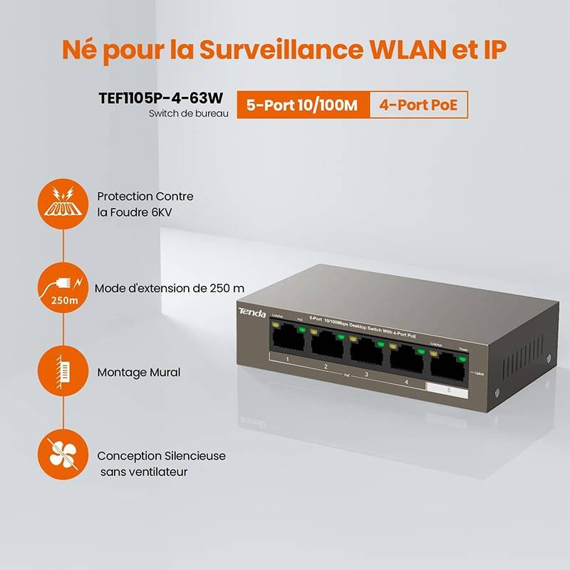 Switch TENDA TEF1105P-4-63W l 5 ports Ethernet l 10/100 Mbit/s